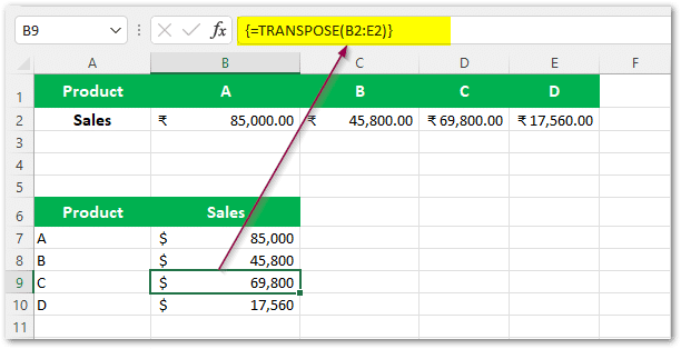 Excel transpose formula