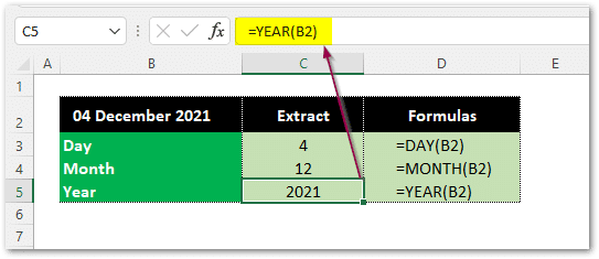 Extract day month and year in excel