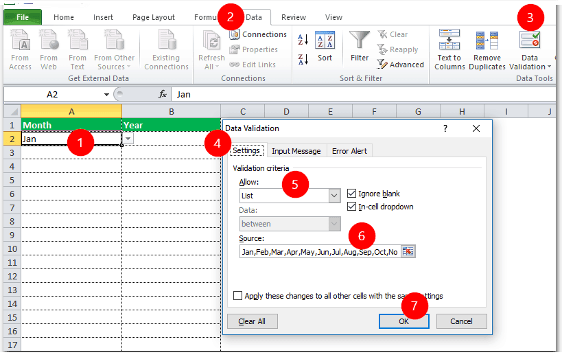 Data validation options window with complete steps
