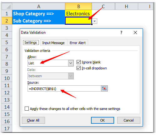 How to use indirect formula for data validation