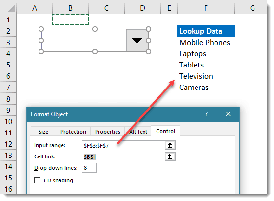 how to add combo box drop dow lint in excel