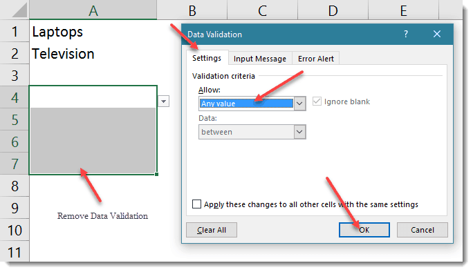 how to remove data validation in excel