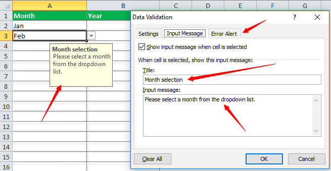 input message in data excel data validation