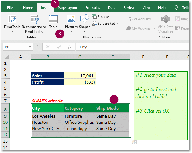 excel table from range