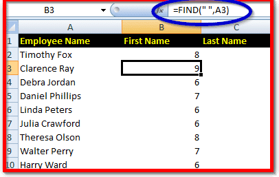Excel find function example