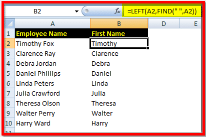 How to extract first name in excel
