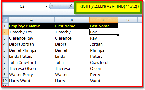 Separate last name using excel Right formula