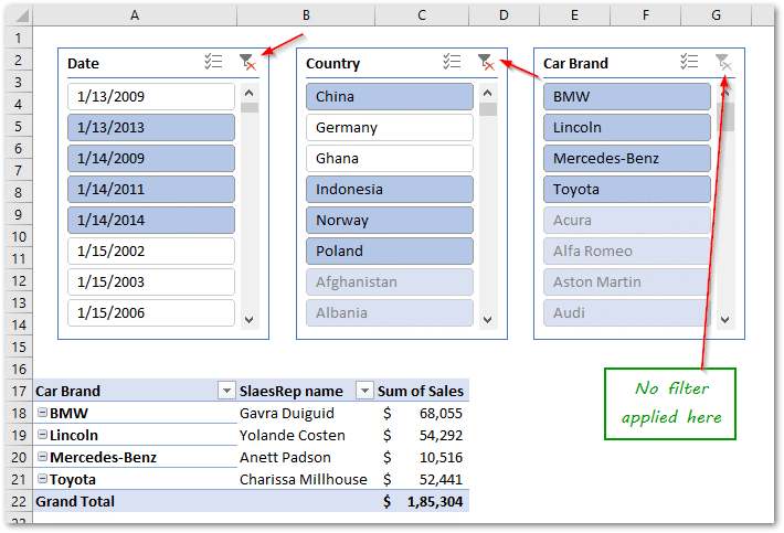 filter and un filter for slicers 